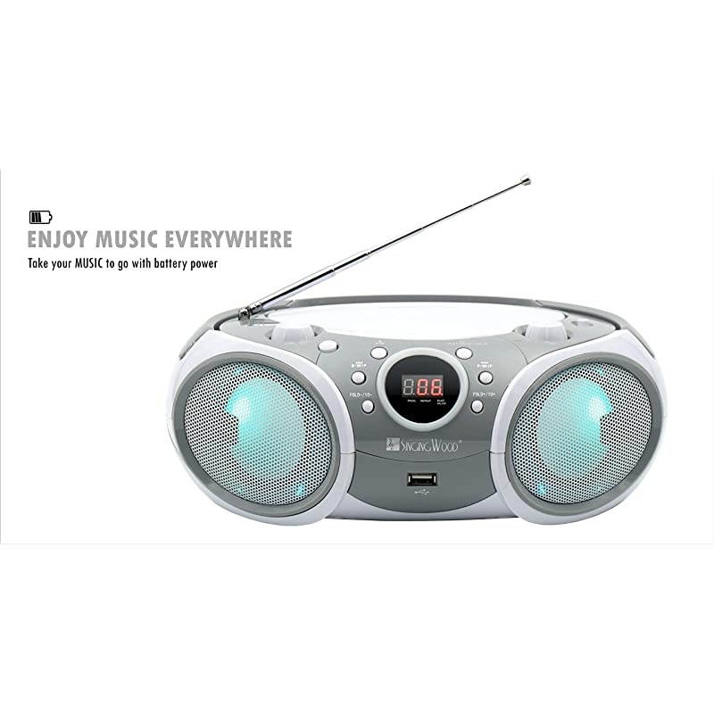 CDCDRCDRW Boombox Portablew Bluetooth USB AMFM Radio AUXInput Headset Jack Foldable Carrying Handle and LED Light Space Grey