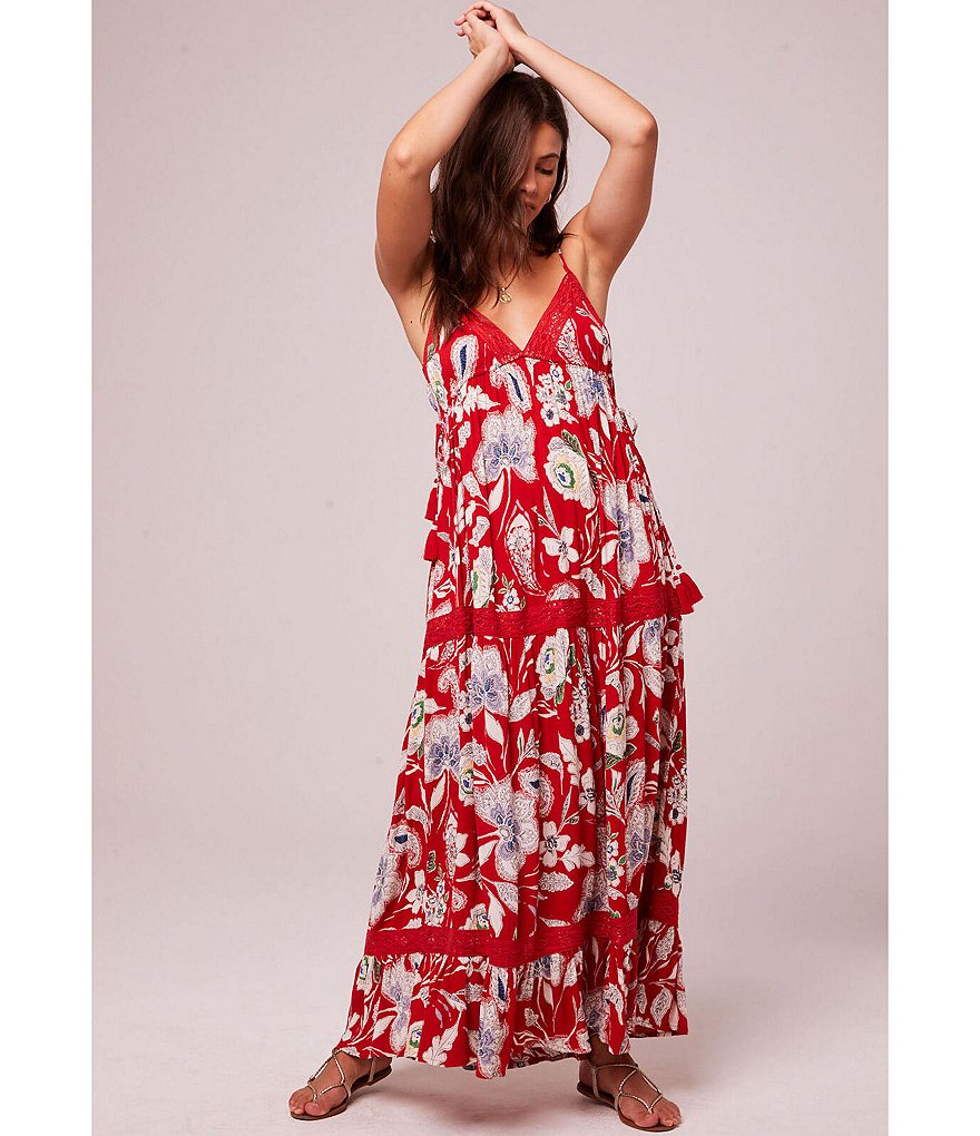 B.O.G. Collective Gisal Floral Print Lace Trim V-Neck Sleeveless Tiered Maxi dress