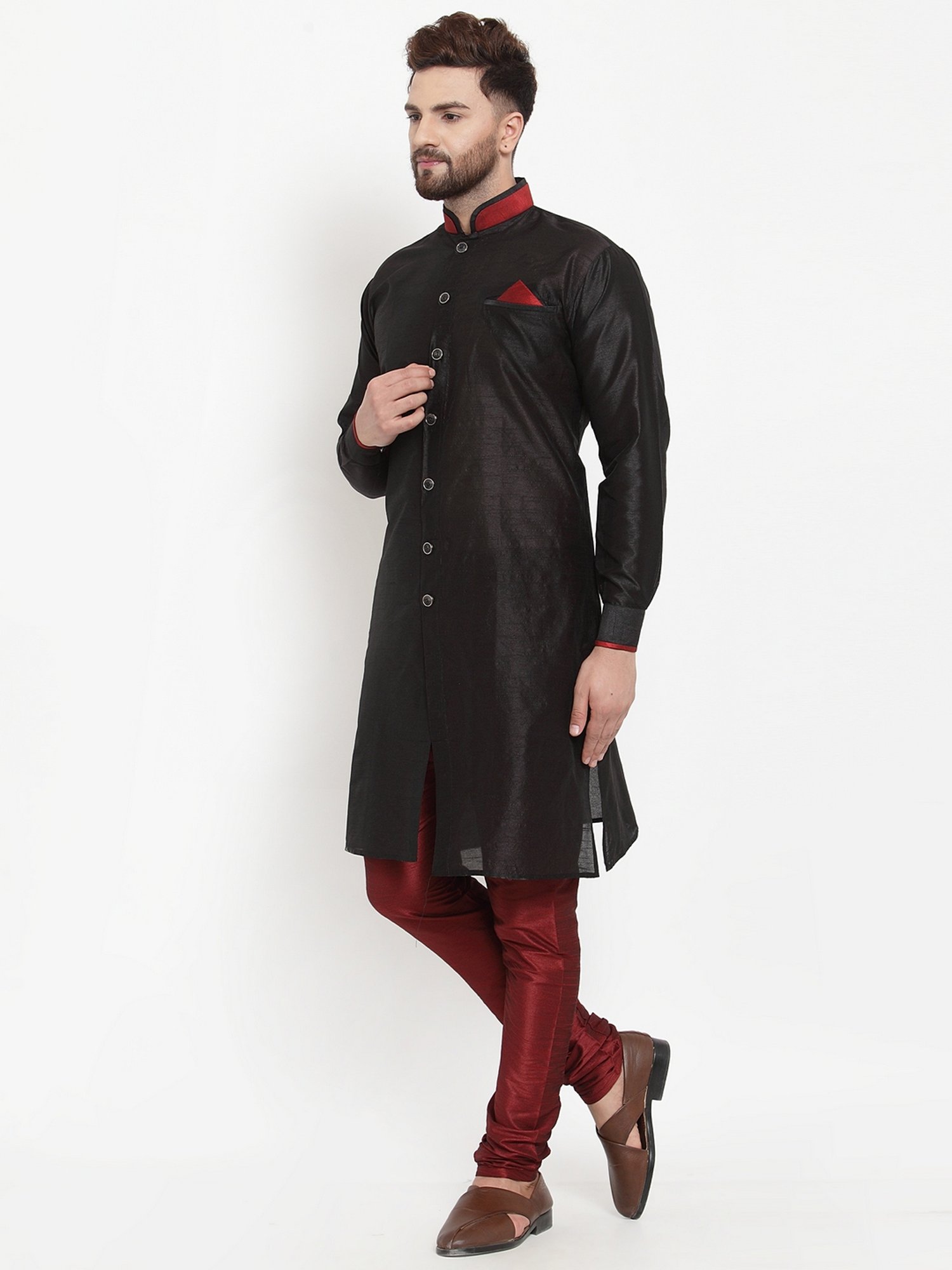 Benstoke Black & Maroon Regular Fit Sherwani Set