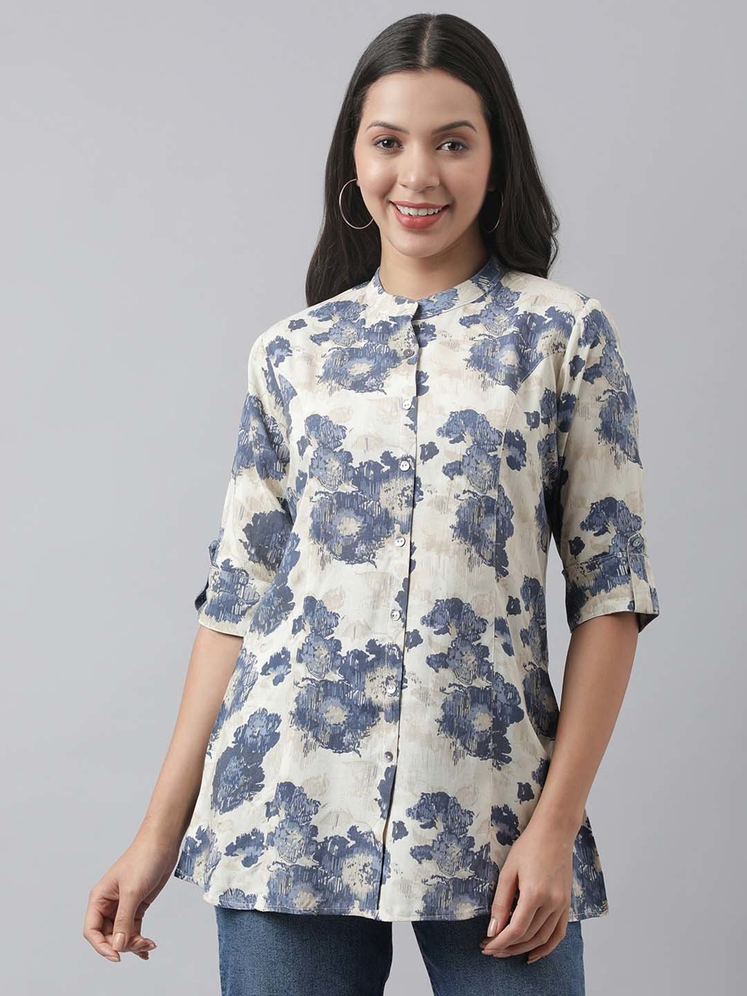 Divena Cream Cotton Floral Print Tunic
