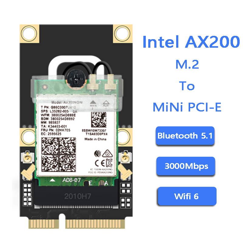 Wireless Mini PCI-E Wi-Fi 6 Intel AX200 Adapter Kit 2974Mbps Bluetooth 5.0 M.2 To Mini PCI Express Full Wifi Card AX200NGW 802.11ax/ac 160Mhz 2.4G/5G MU-MIMO OFDMA Windows 10 For Laptop Desktop