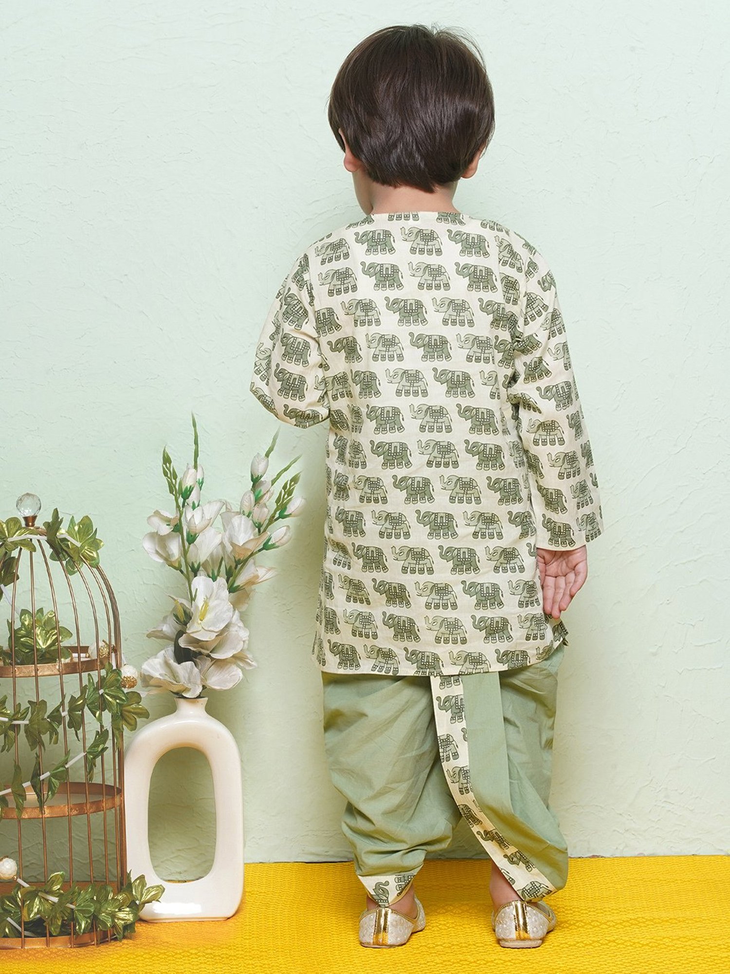 AJ Dezines Kids Green & White Printed Full Sleeves Kurta with Dhoti