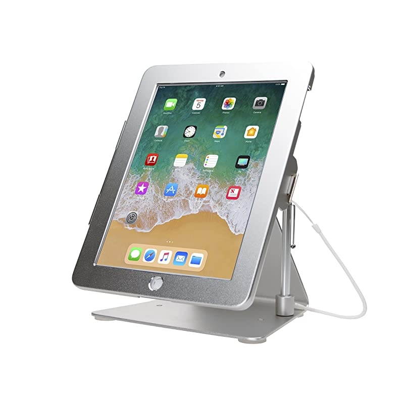 Desktop Anti-Theft iPad Stand for with iPad Air, iPad Pro 9.7, iPad Gen. 6 (2018), iPad Gen. 5 (2017), iPad (Gen. 2-4); Compatible with Headphone Jack Credit Card Readers, Silver