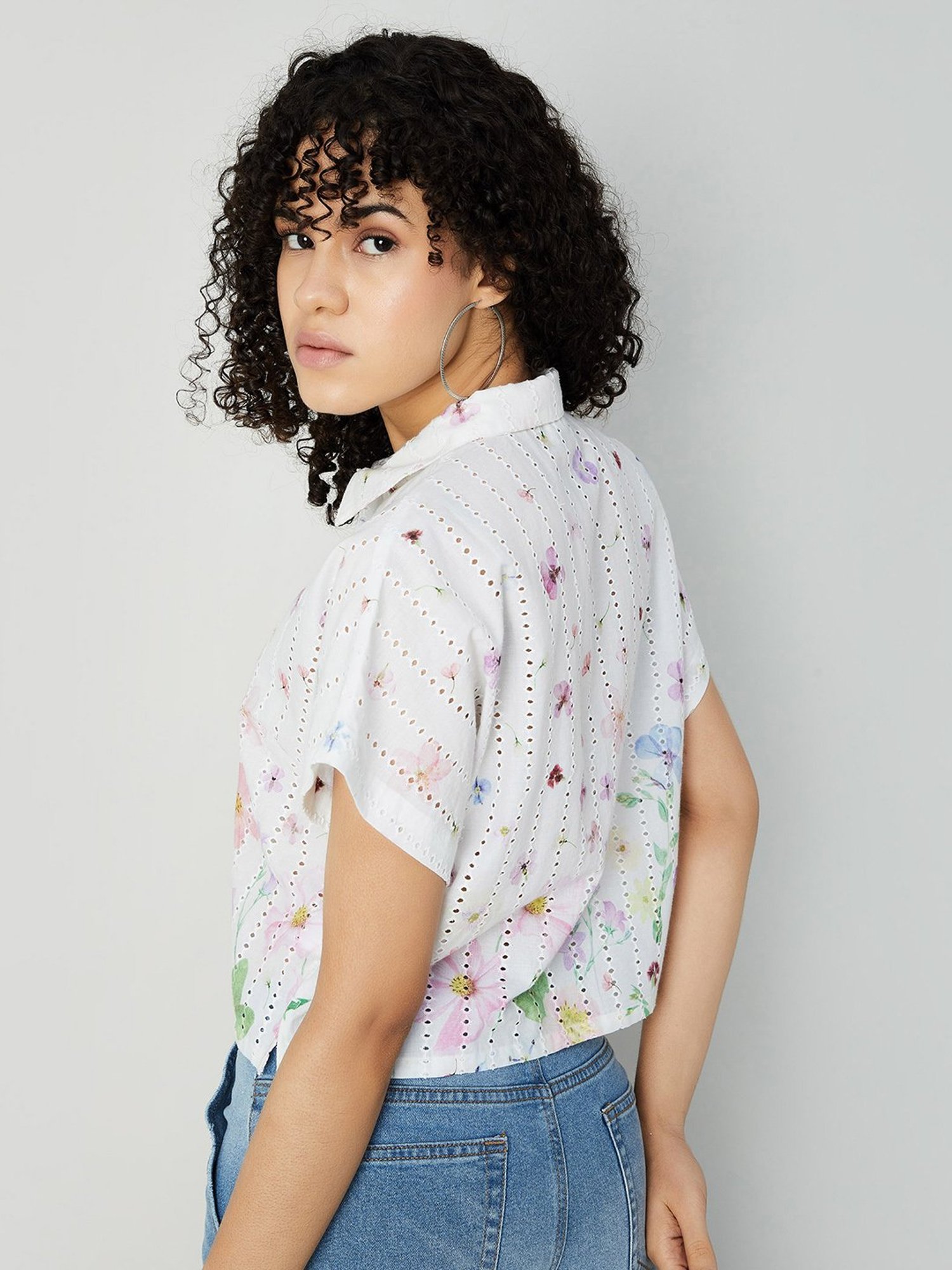 Ginger by Lifestyle White Cotton Self Design Crop Top