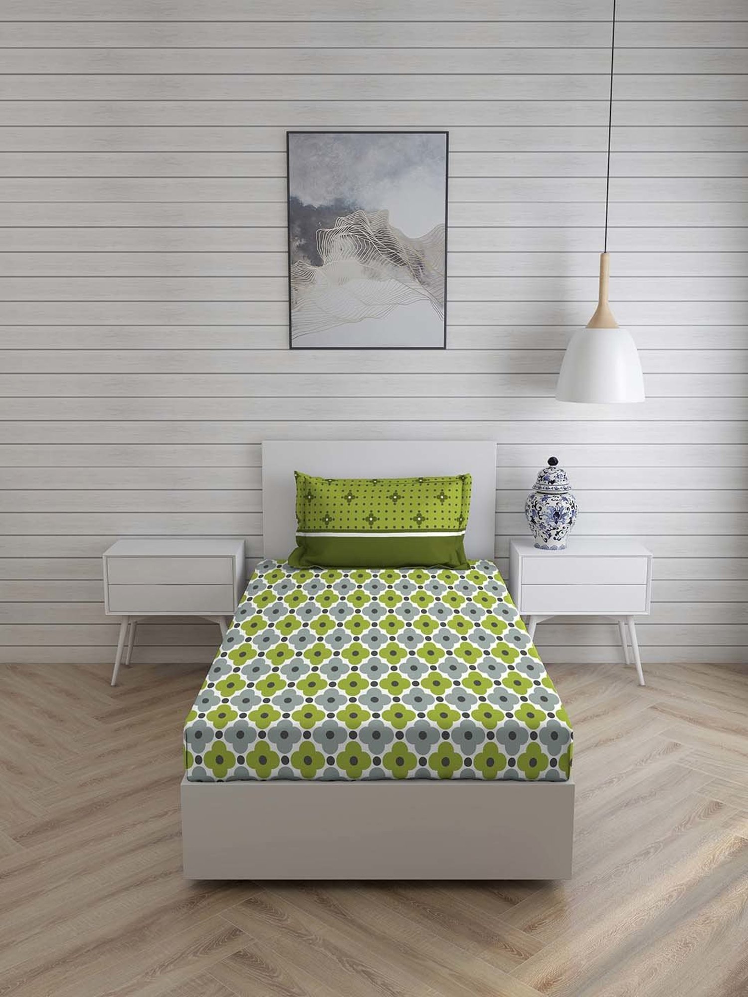 Layers Turin Green Cotton 104 TC Single Flat Bed Sheet With 1 Pillow Cover