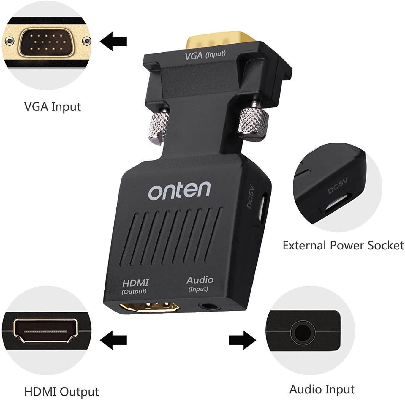 VGA to HDMI Onten 1080P VGA Male to HDMI Female Audio Video Cable Converter Adapter for Computer Desktop Laptop PC Monitor Projector HDTV Supply a Free Audio Cable and USB Cable (Black)