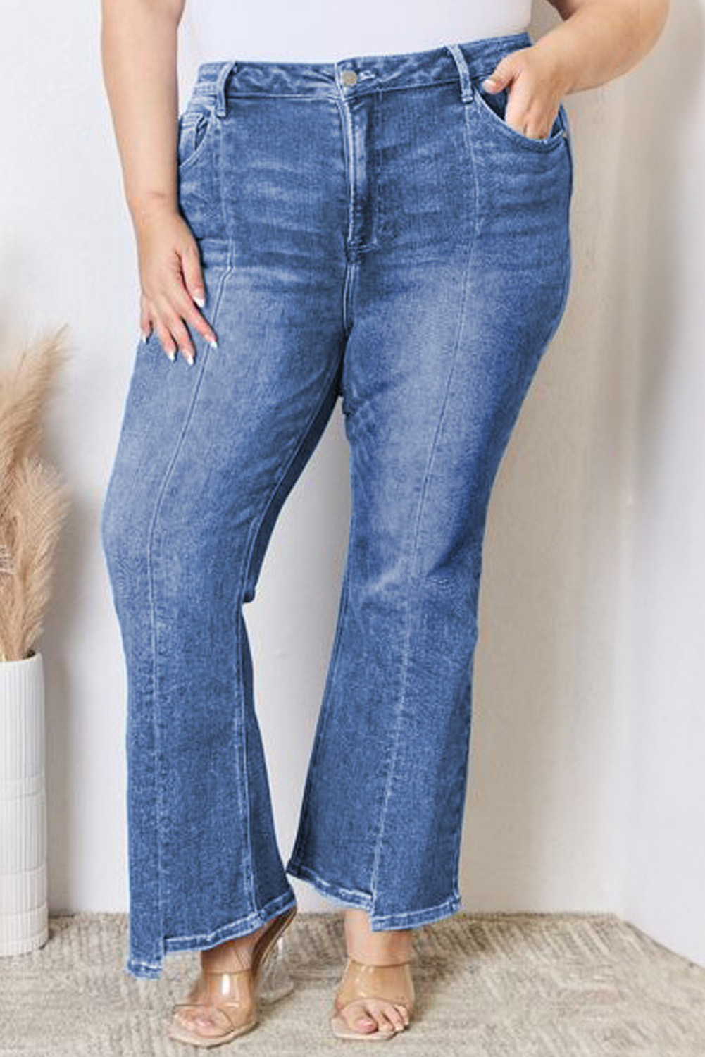 Dark Blue Plus Size Stitching Washed Flare Jeans