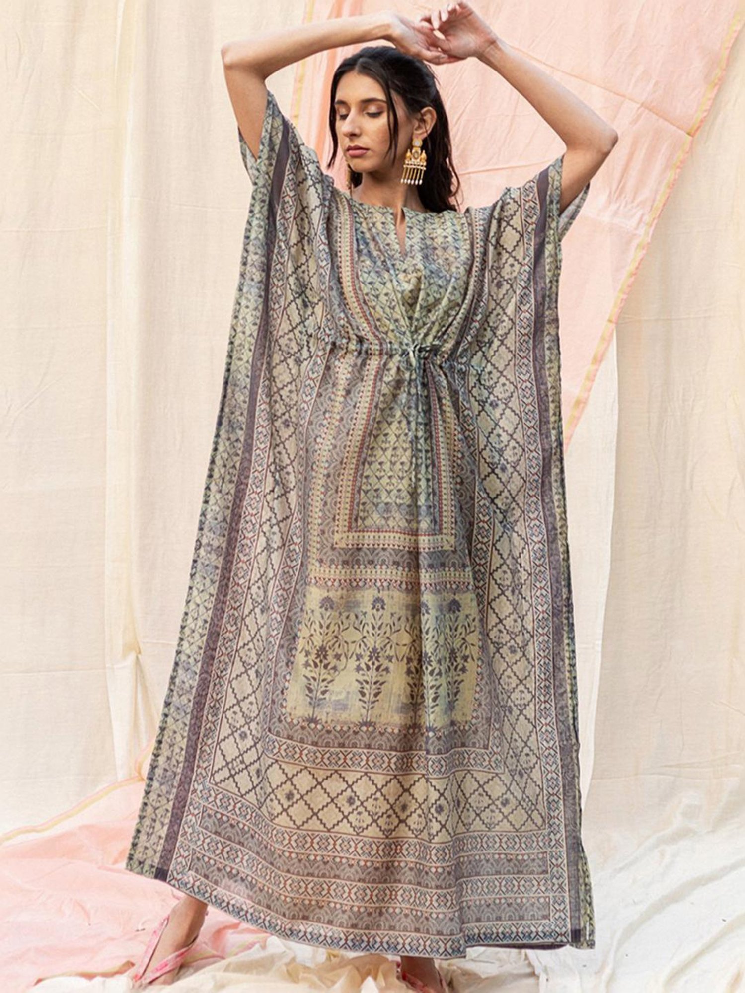 Artagai Beige Co-Ord Set with Notch Collar Kurta and Straight Pants