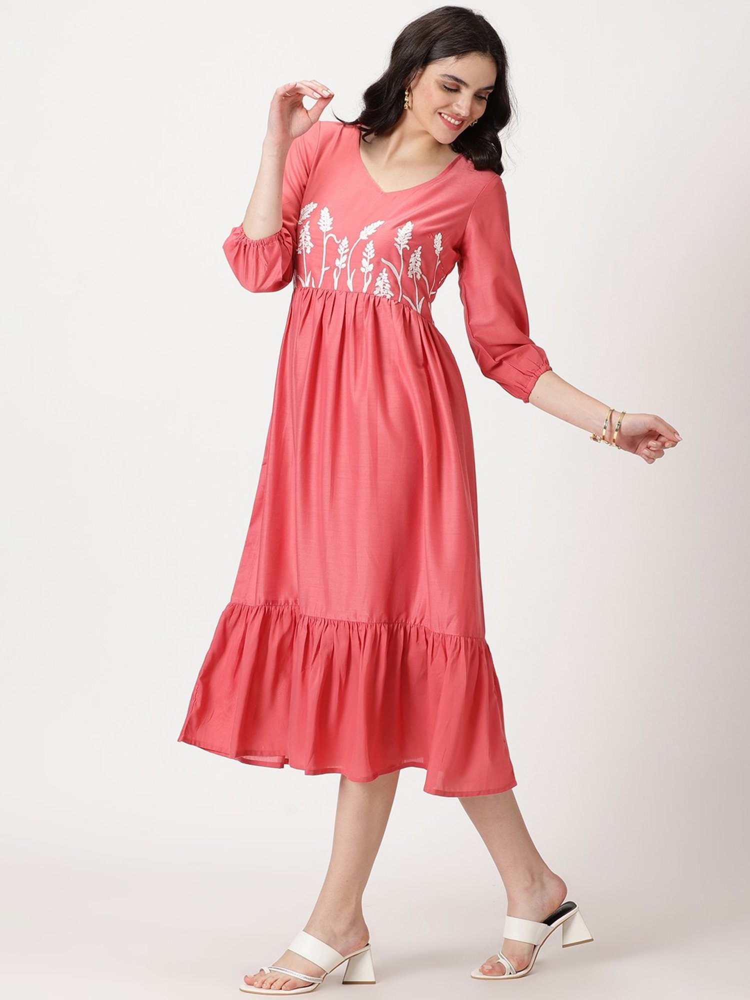 Saffron Threads Rose Pink Embroidered Midi Dress