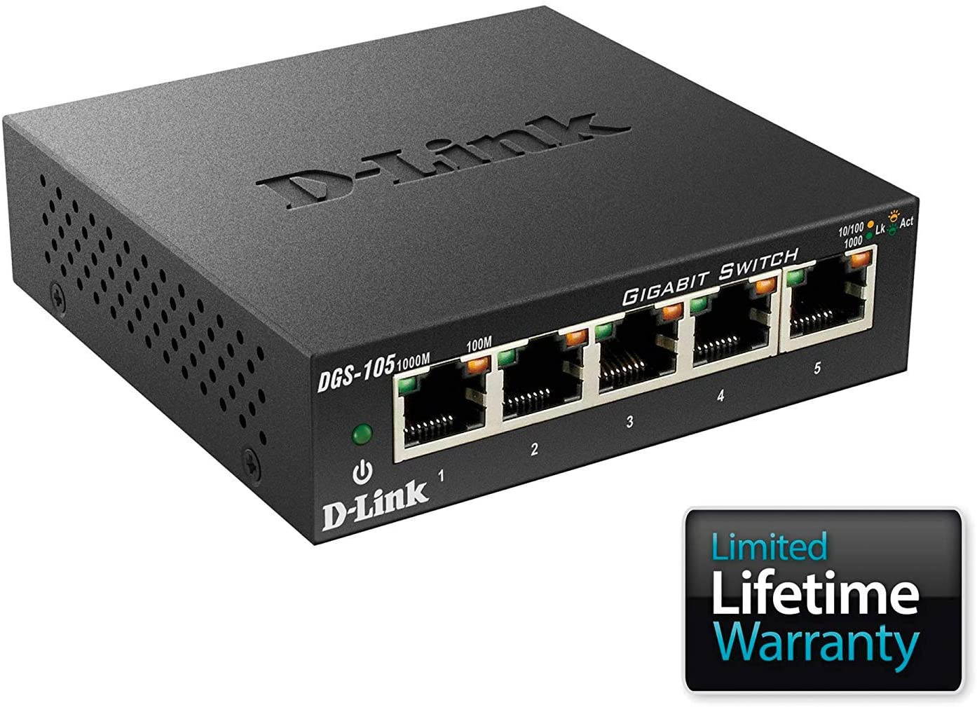 Ethernet Switch, 5 Port Gigabit Unmanaged Metal Desktop Plug and Play Compact (DGS-105)