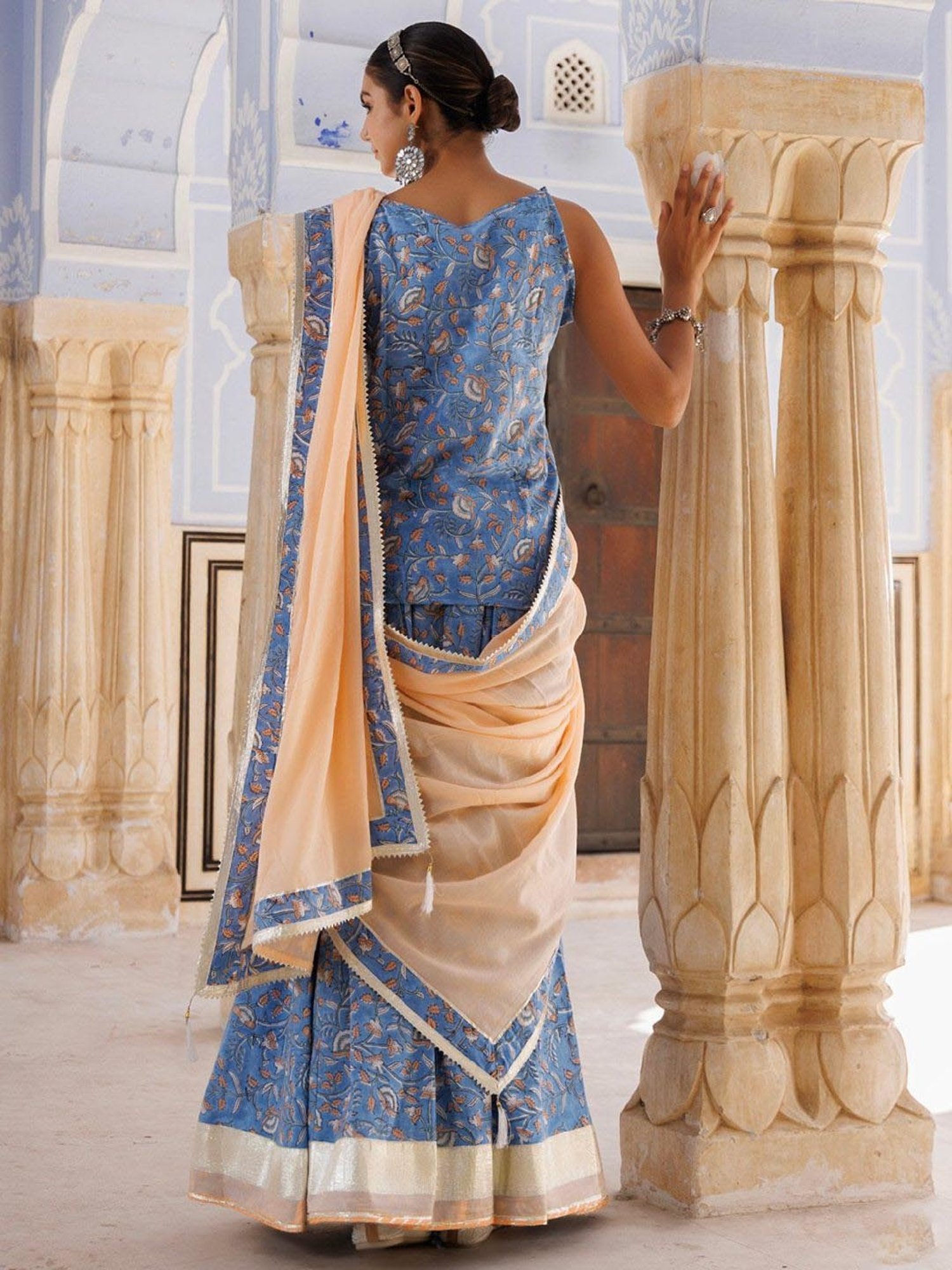 Geroo Jaipur Light Blue-Peach Pure Cotton Hand Block Printed Skirt Set