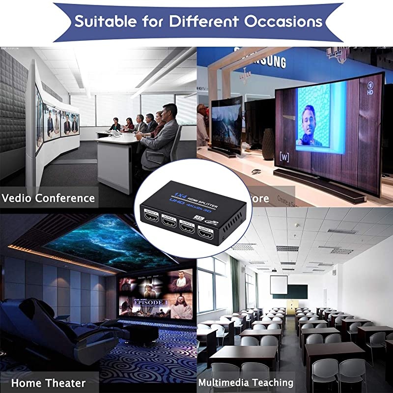 HDMI Splitter, 1 in 4 Out HDMI Splitter Audio Video Distributor Box Support 3D & 4K x 2K Compatible for HDTV, STB, DVD, PS3, Projector Etc