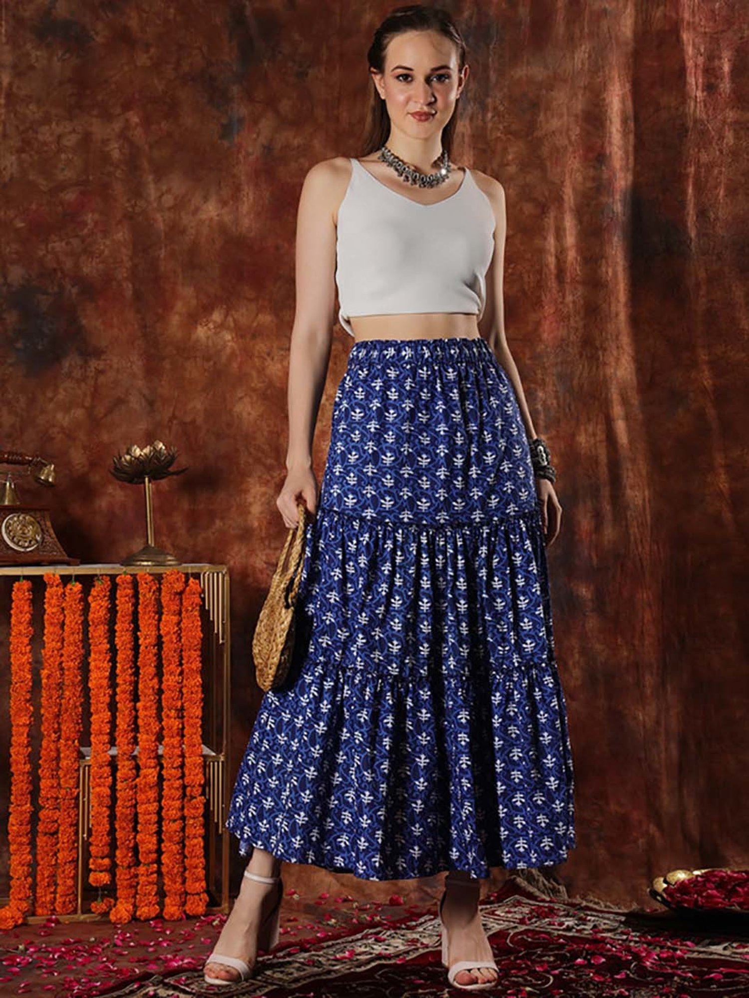 NEUDIS Navy Floral Print Maxi Skirt