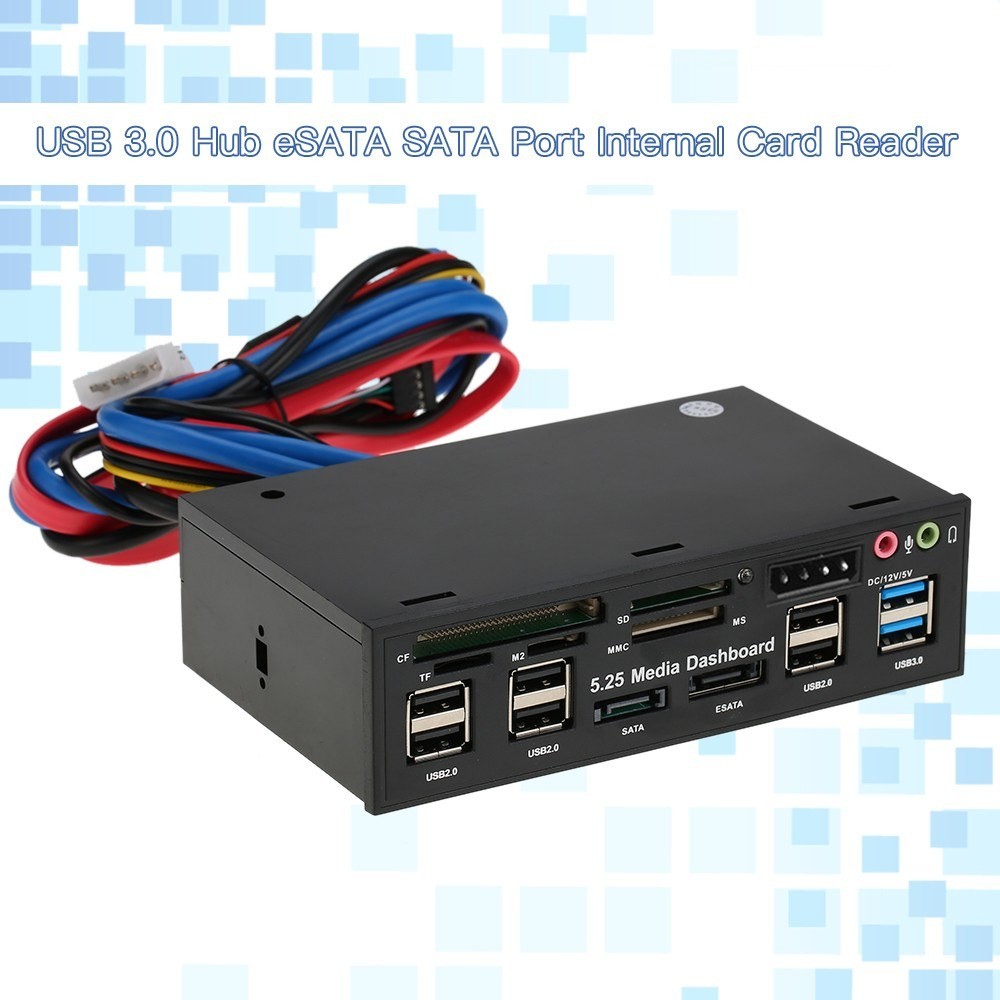 Multi-Function USB 3.0 Hub eSATA SATA Port Internal Card Reader PC Dashboard Media Front Panel Audio for SD MS CF TF M2 MMC Memory Cards Fits 5.25" Bay