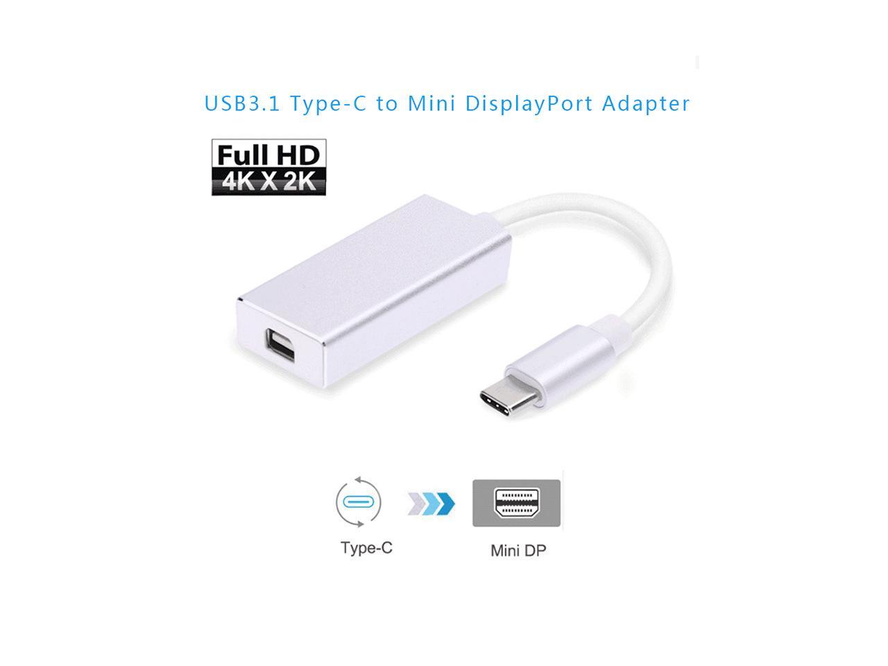 USB 3.1 Type-C to Mini DisplayPort Adapter 1080p HDTV Hub Support 4K output with Aluminium Case USB-C to Mini DP Mini DisplayPort Female for Apple New Macbook, ChromeBook USB Silver