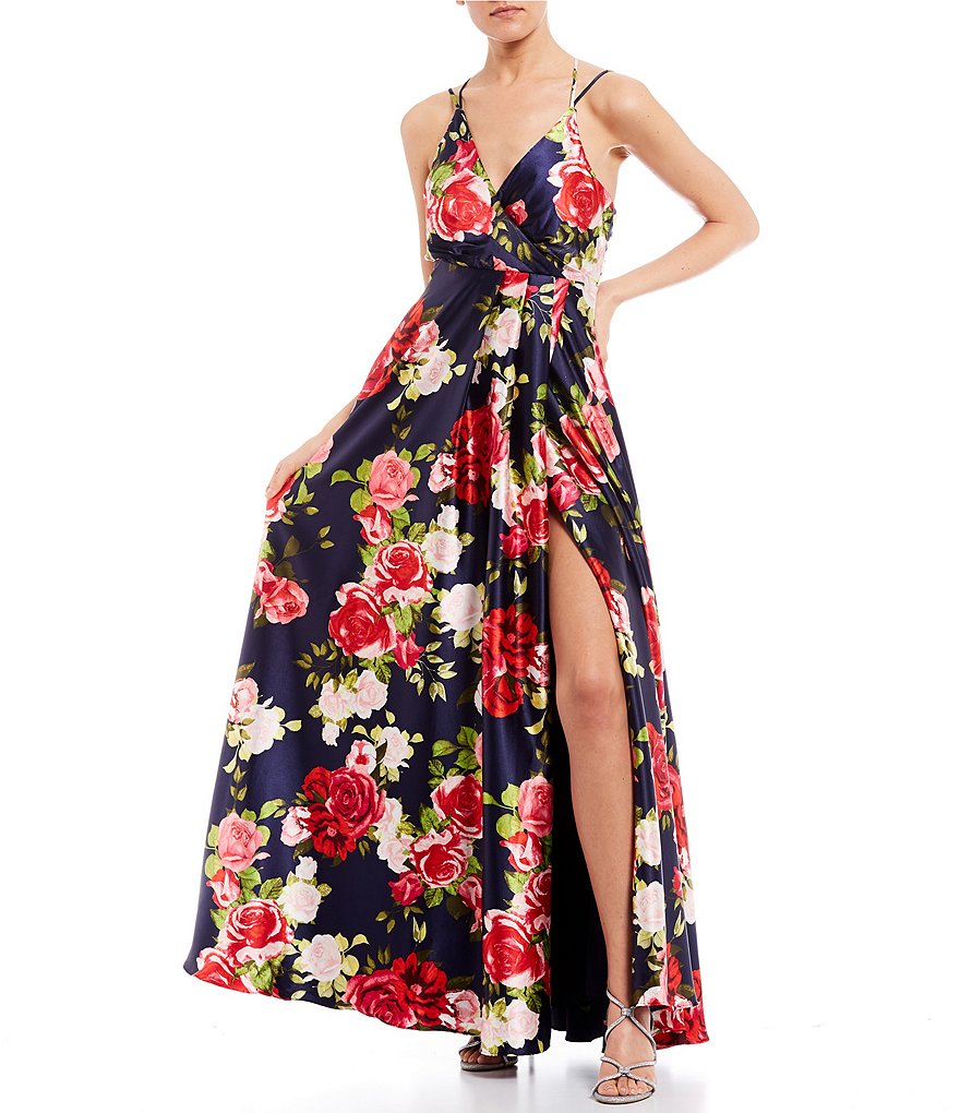 Sequin Hearts Surplice Side Slit Floral Print Satin Long Dress