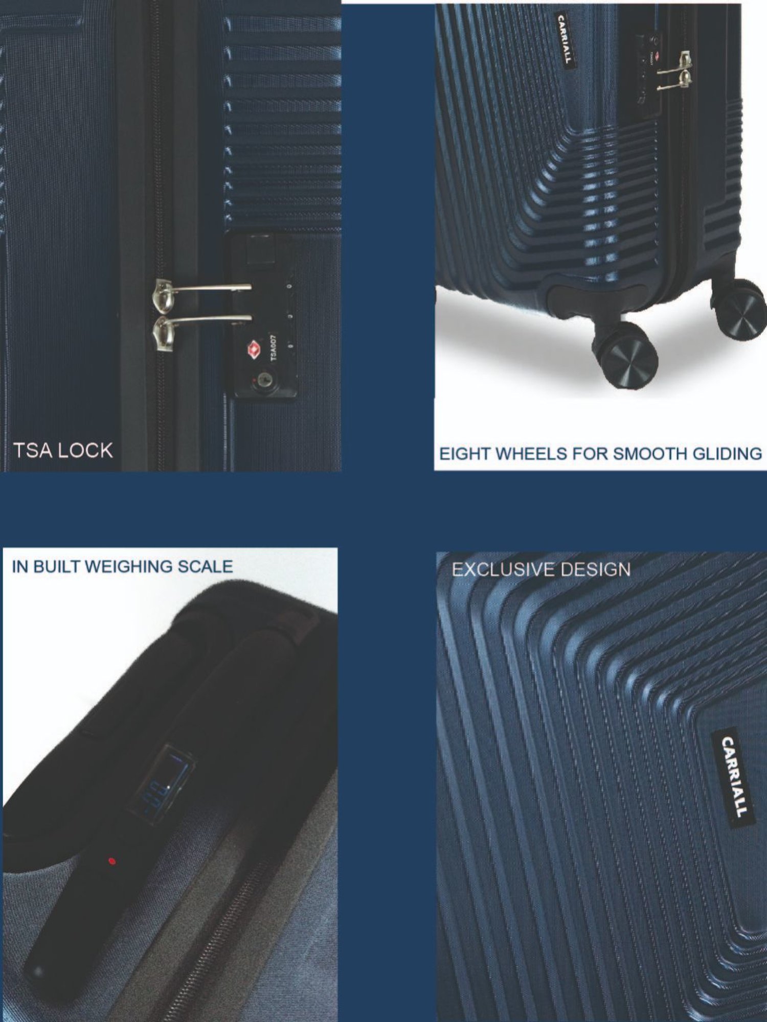 Carriall Navy Blue 8 Wheel Small Hard Cabin Trolley - 33 cm