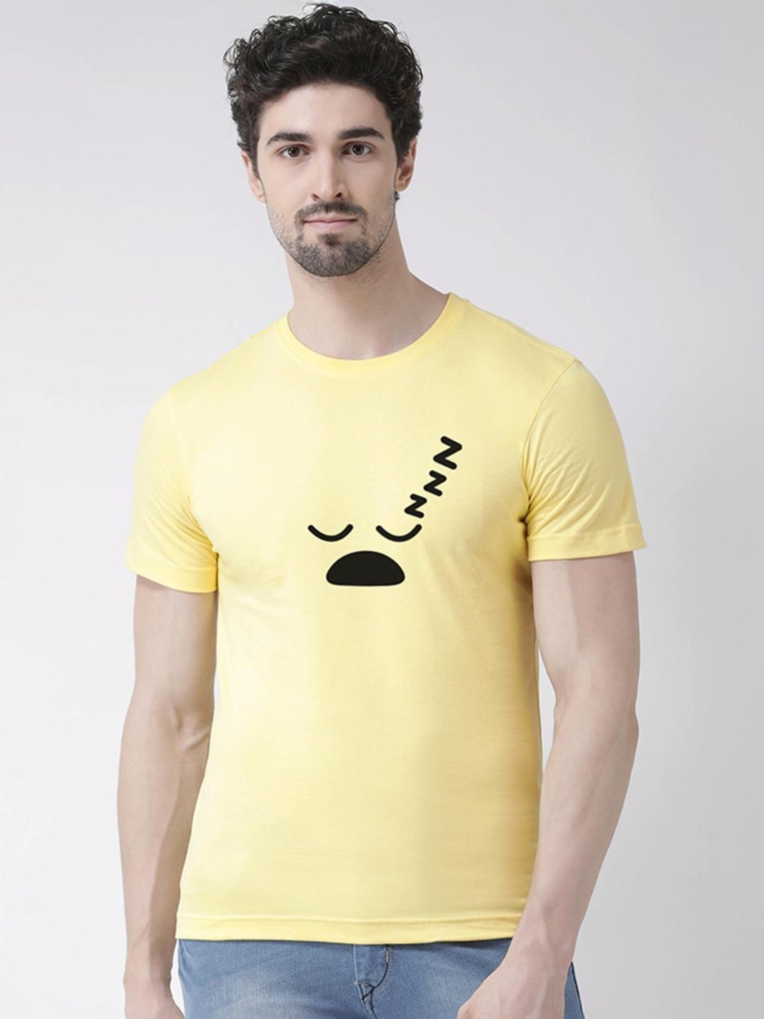 Friskers Yellow Cotton Slim Fit Printed T-Shirt