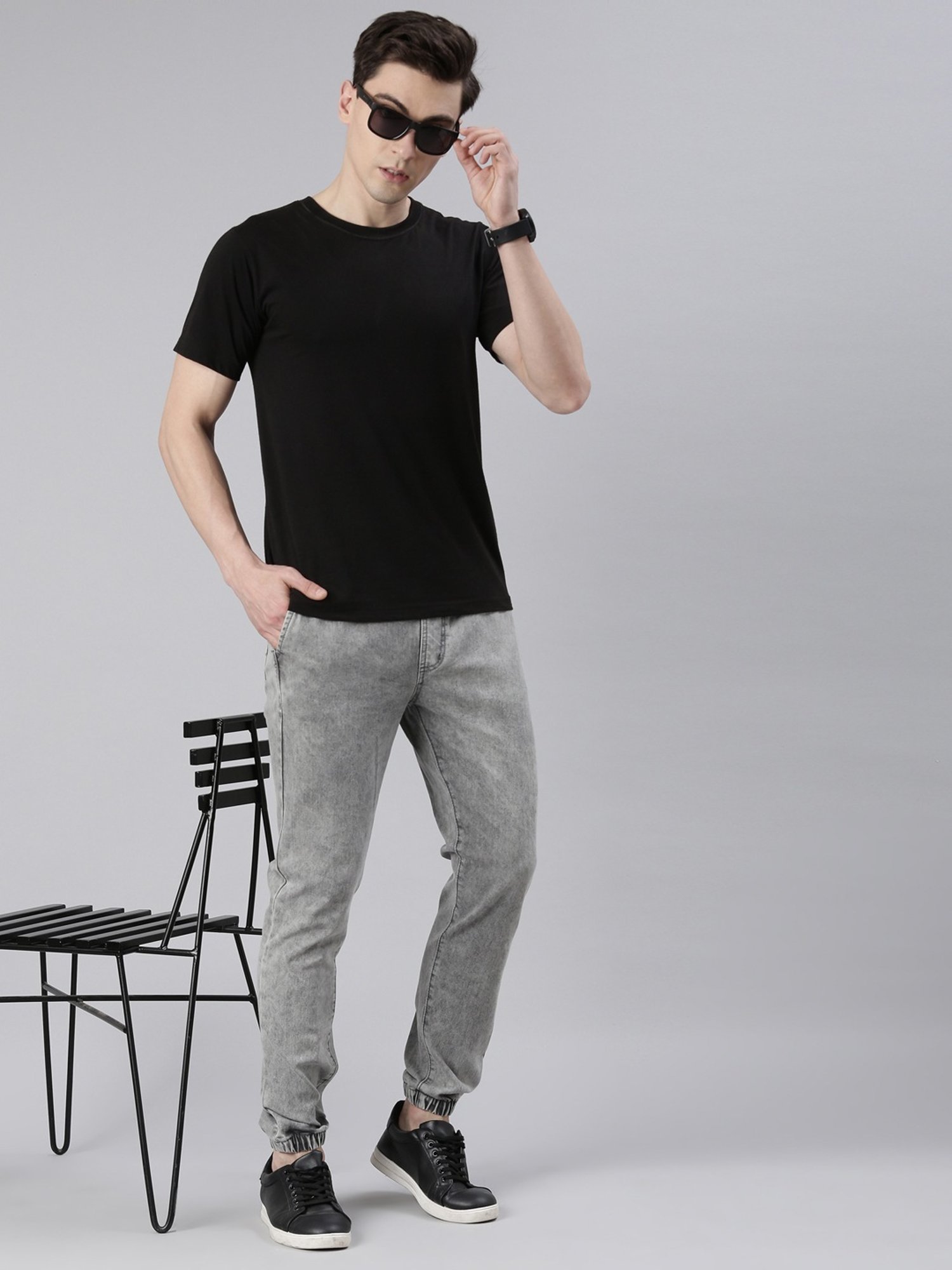 CINOCCI Grey Cotton Slim Fit Jogger Jeans