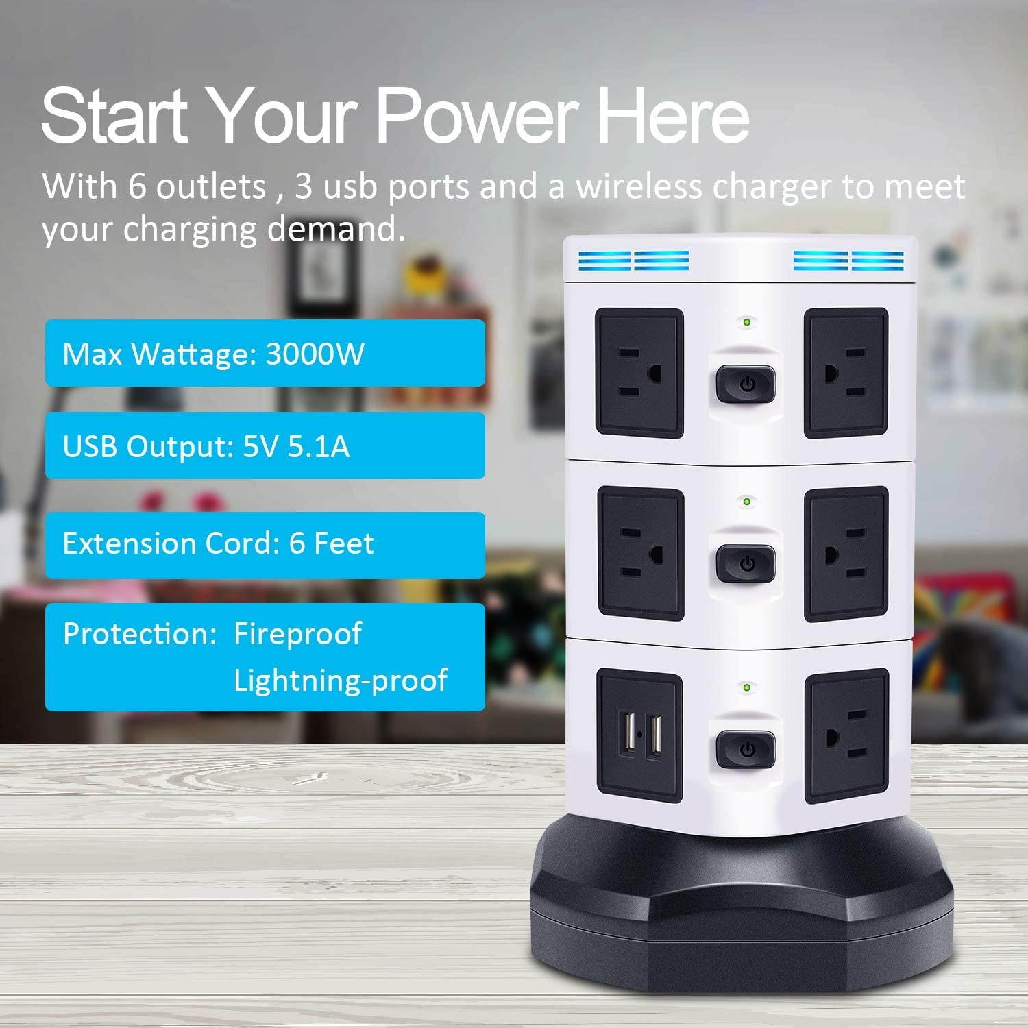 Power Strip Tower  Surge Protector Tower Fast Wireless Charger + 4 USB 5V/5A Ports + 3000W 13A 10 Outlet Plugs + Charging Tower with 6ft Long Extension Cord for Home Office