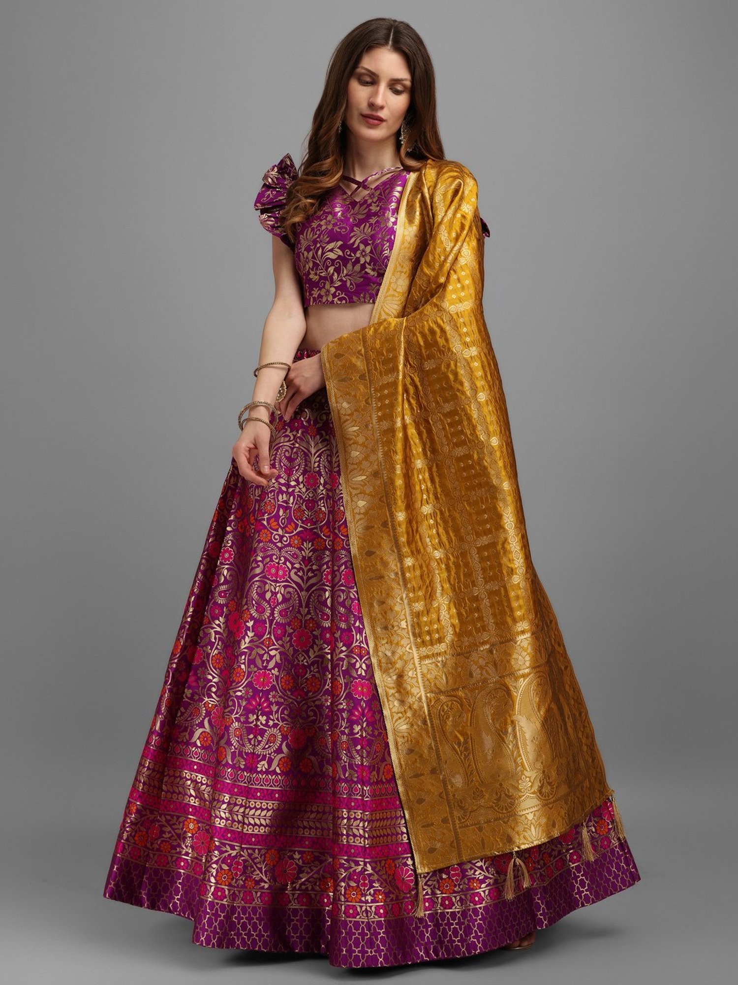 PURVAJA Wine Floral Print Stitched Lehenga & Unstitched Blouse With Dupatta