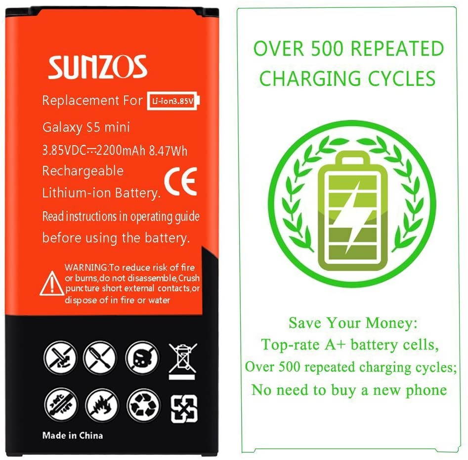 Galaxy S5 Mini Battery, SUNZOS 2200mAh Li-ion Replacement Battery for Samsung Galaxy S5 Mini (Compatible with All Galaxy S5 Mini Models) - EB-BG800BBE/EB-BG800BBU[3 Years Warranty]
