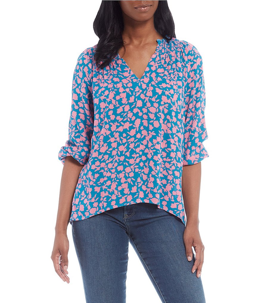 Bobeau Floral Print Smocked Notch V-Neck 3/4 Sleeve Top