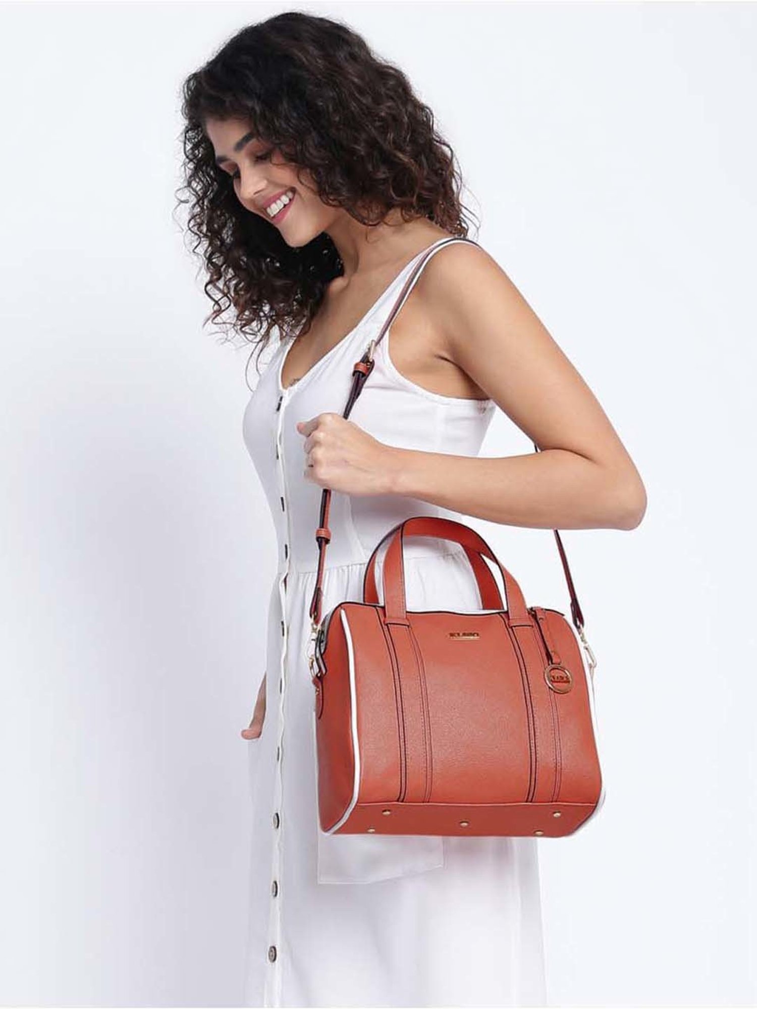 KLEIO Peach Solid Medium Bowler Handbag