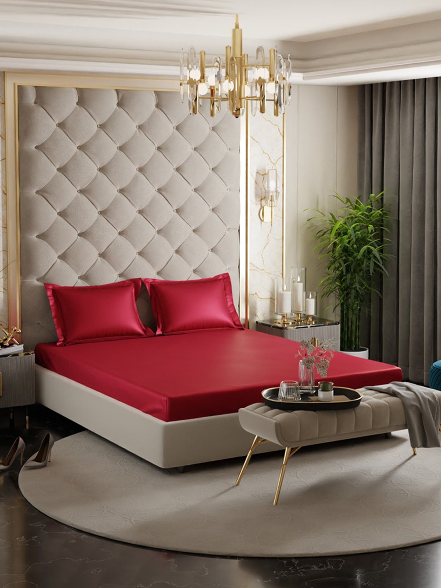 Stoa Paris Red 300 TC Polyester Double Fitted Sheet with 2 Pillow Covers