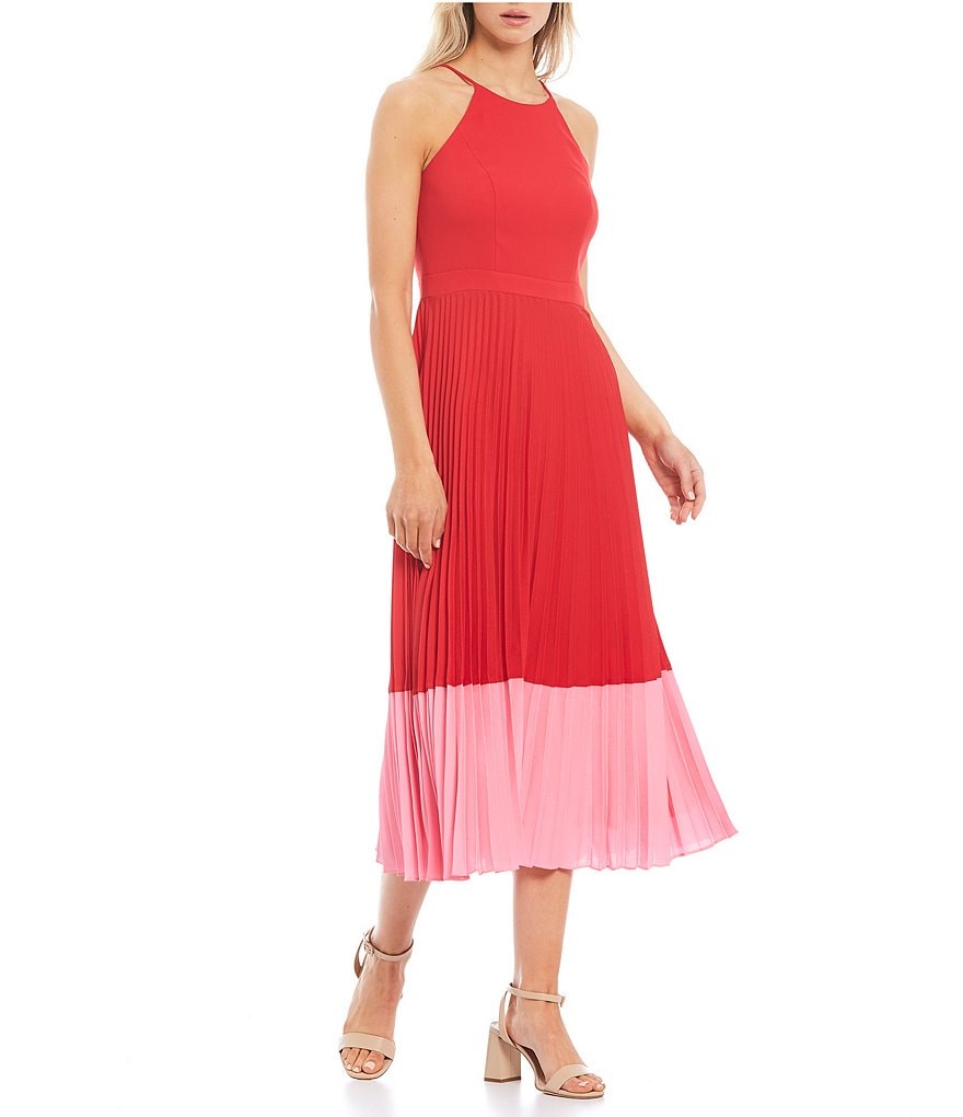 Aidan Aidan Mattox Halter Pleated Color Block Midi Dress