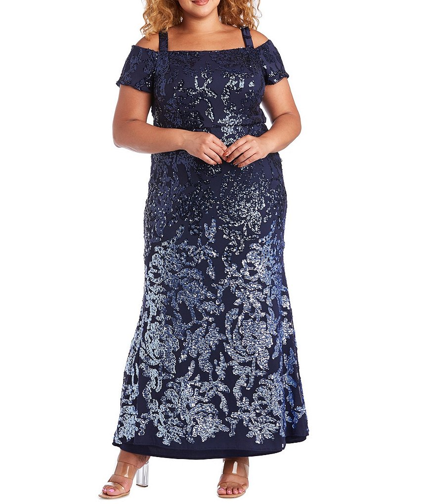 R & M Richards Plus Size Cold Shoulder Short Sleeve Square Neck Beaded Ombre Mermaid Gown