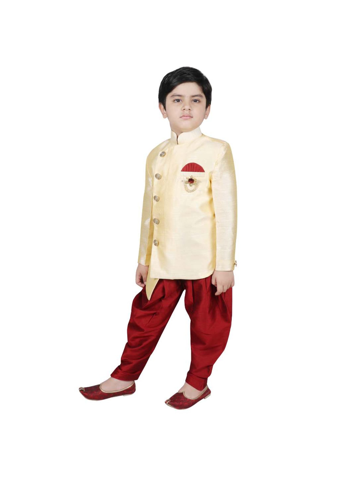 SG Yuvraj Kids Beige & Red Solid Sherwani with Pyjama