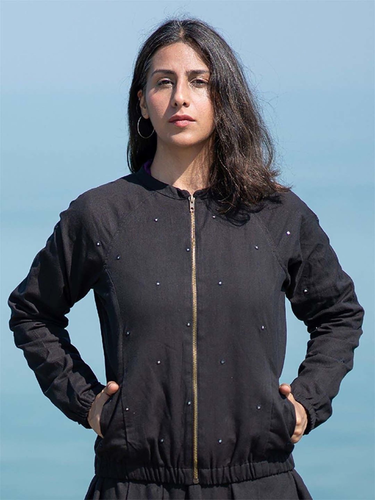 Okhai Sitaare Black Pure Cotton Hand Embroidered Bomber Jacket