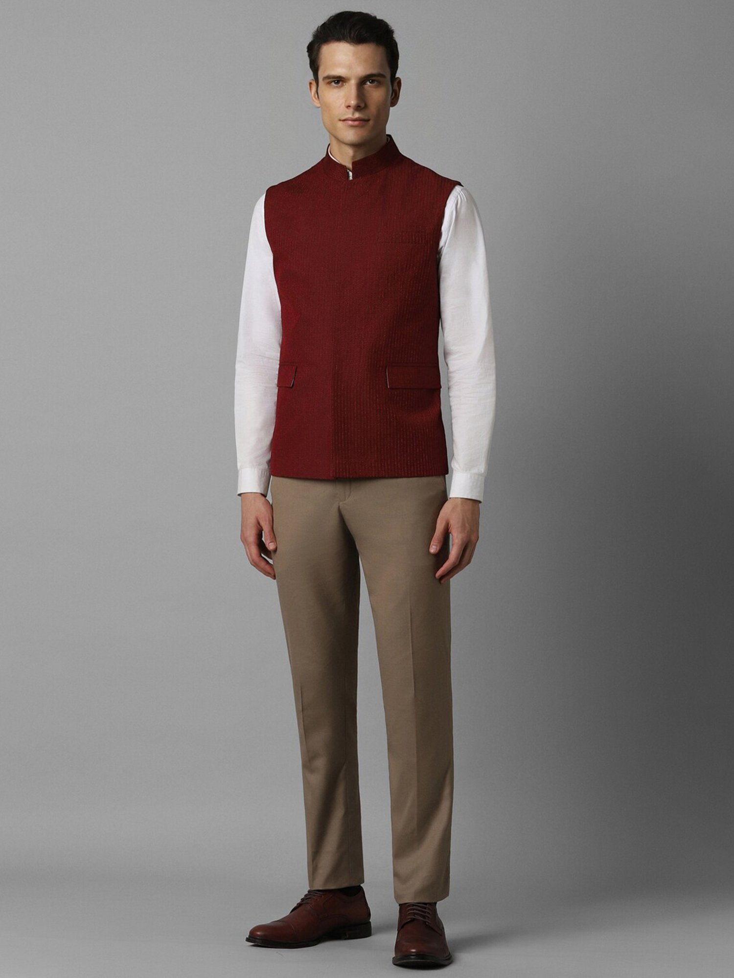 Louis Philippe Maroon Slim Fit Self Pattern Nehru Jacket
