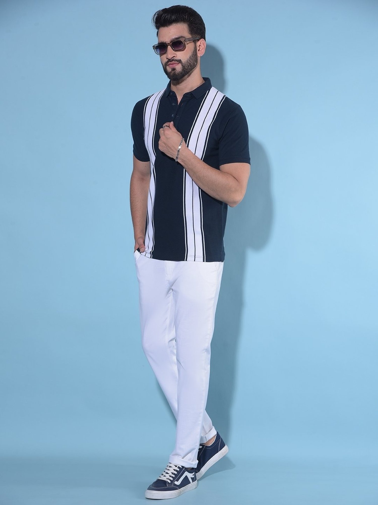 Crimsoune Club Navy Blue Cotton Slim Fit Striped Polo T-Shirt