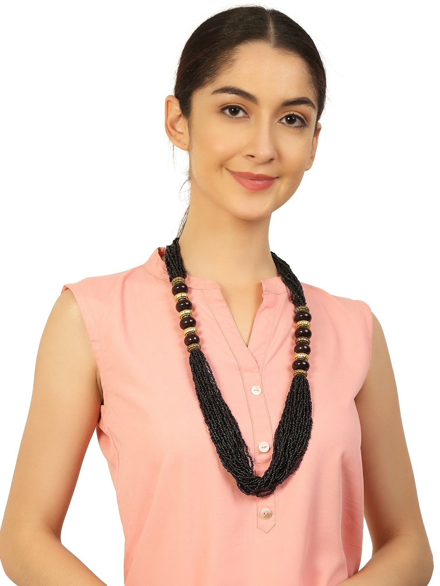 Imli Street Black Golden Long Beaded Handcrafted Necklace