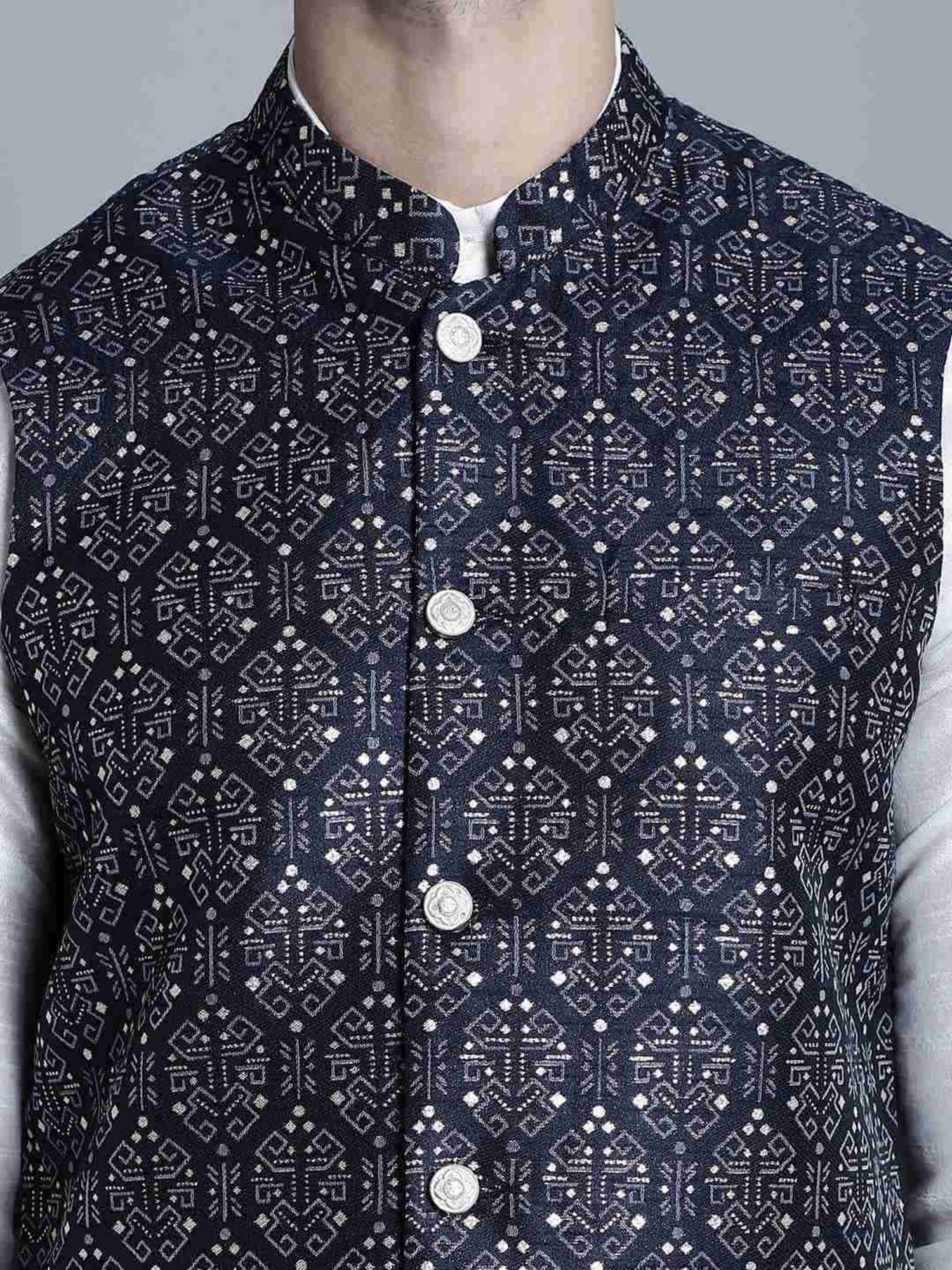 Jompers Navy  Regular Fit Printed Nehru Jacket