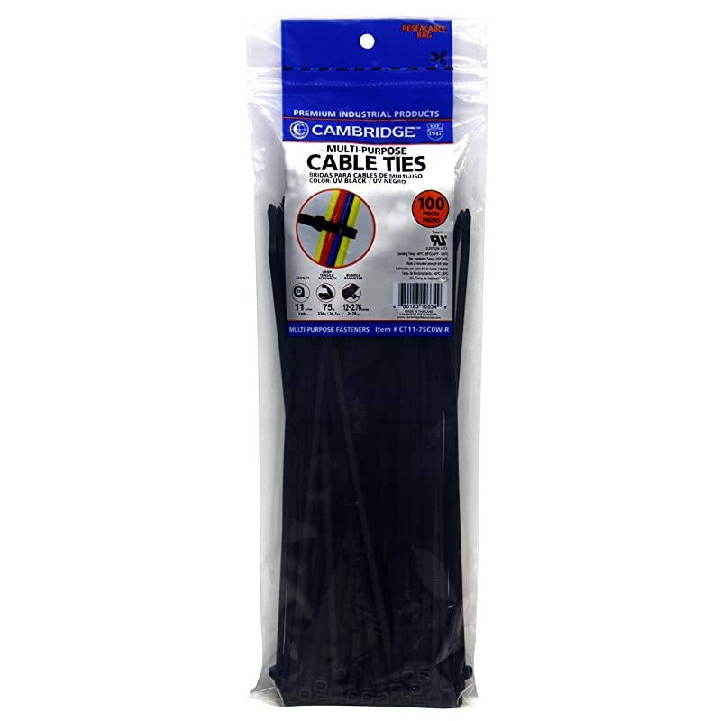 Cable Ties 11 Inch 75 Lb Standard Duty Zip Ties 100 Pieces UV Black UL Listed Contractor Quality Industrial Strength
