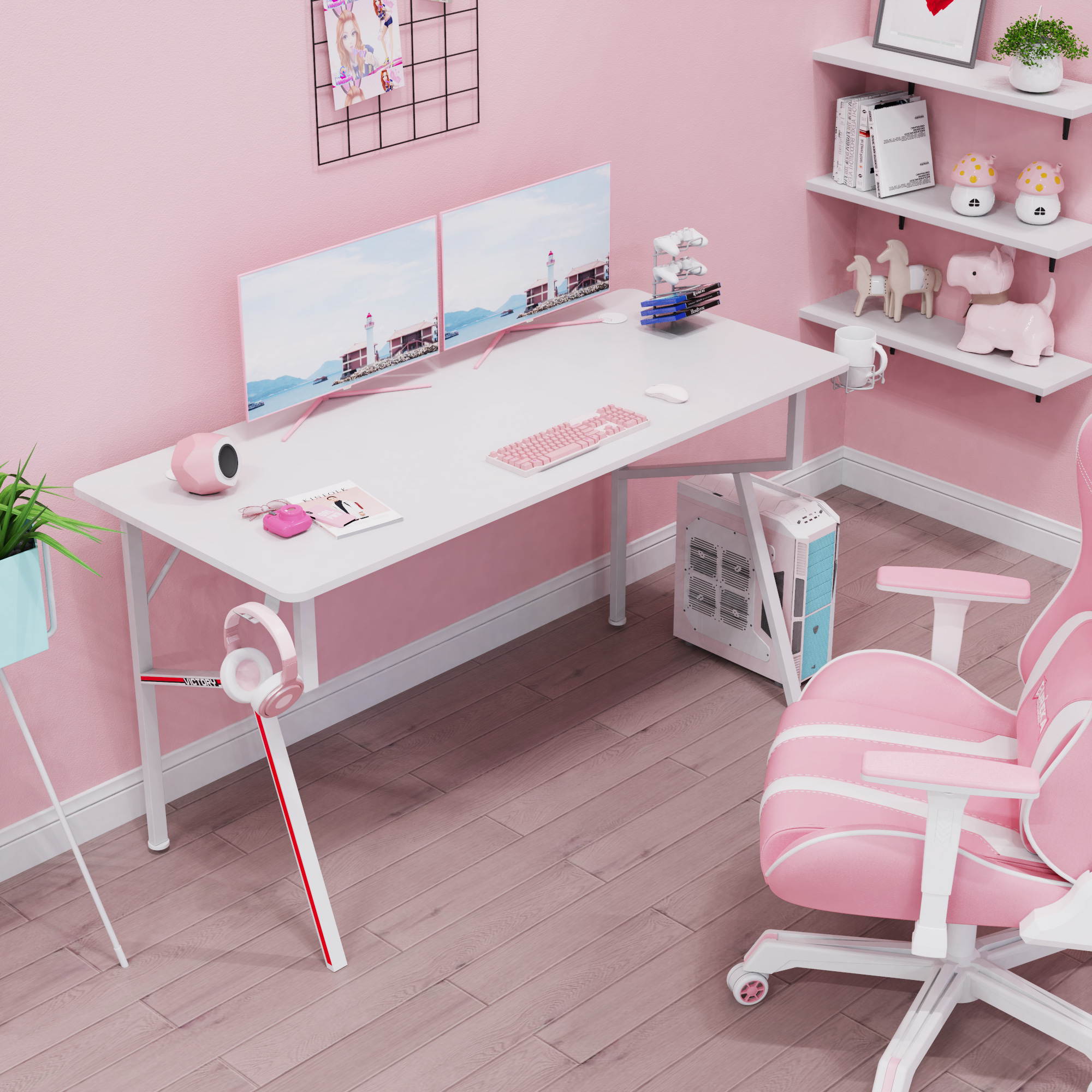 EUREKA ERGONOMIC Gaming Desk 55" K Shaped Large Home Office Gaming Computer Table, with Controller Stand Cup Holder Headphone Hook Free Mousepad, White