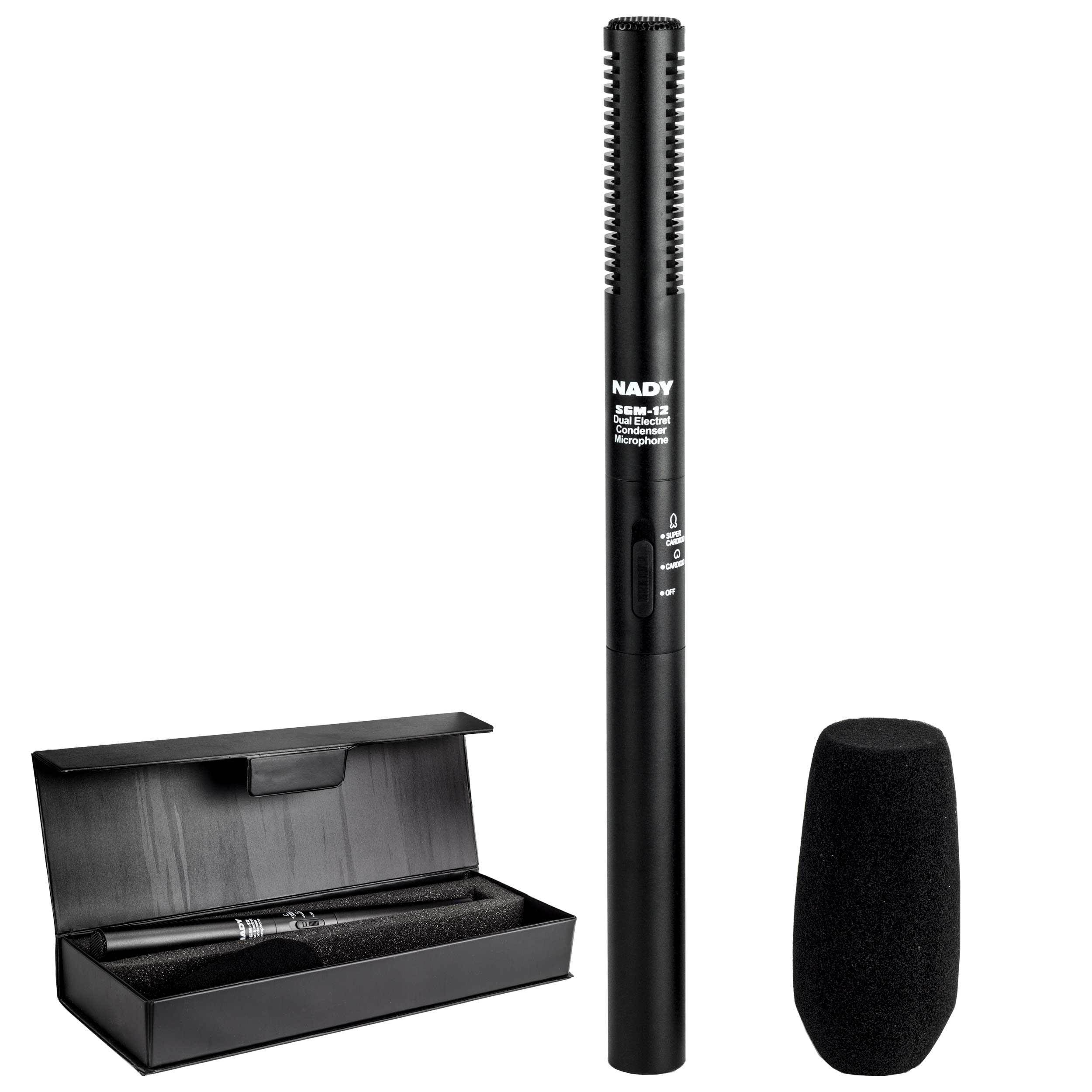 Nady SGM-12 Condenser Shotgun Microphone - Selectable polar pattern, mountable to video cameras for speech and instrument recording, powered with an AA battery