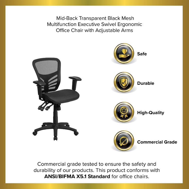 Emma and Oliver Mid-Back Transparent Black Mesh Multifunction Ergonomic Office Chair - Arms