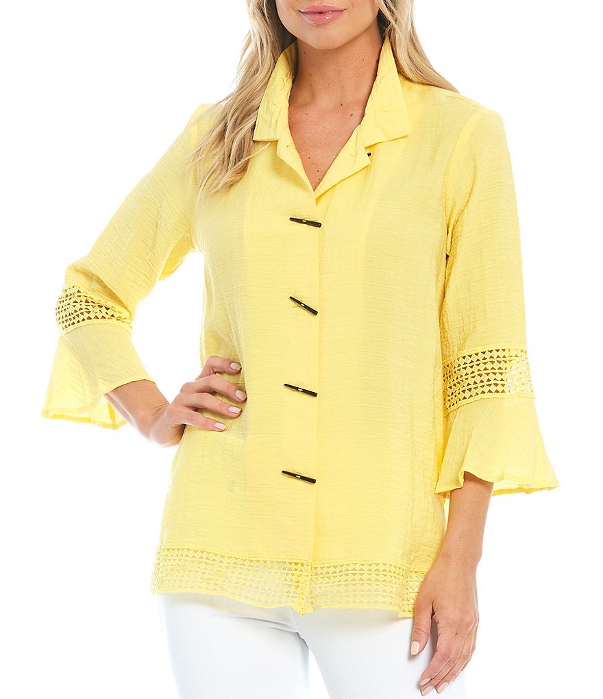 Ali Miles Textured Crochet Hem Wire Neck Blouse
