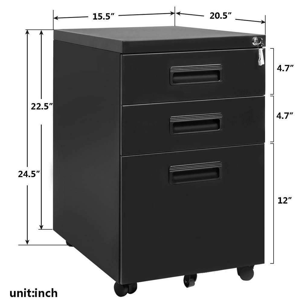 3-Drawer Metal Mobile File Cabinet with Lock, 20-1/2w x 15-1/2d x 23-3/8h, Black
