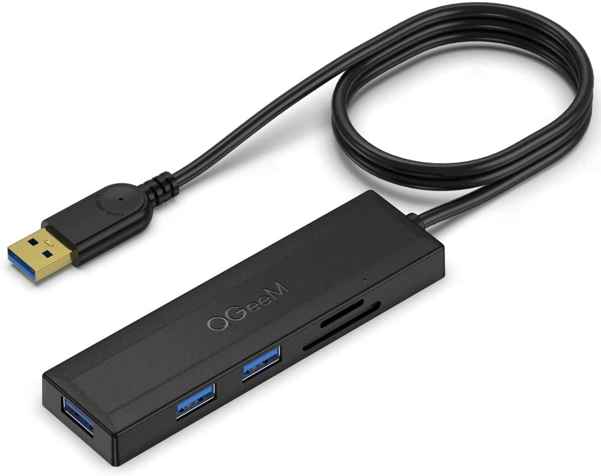 USB 3.0 Hub, QGeeM 5 in 1 USB Hub for Laptop 2.5Ft Extended Cable Hub 5-Port USB 3.0&SD&TF Card Reader Hub Compatible with MacBook Air, MacBook,iMac, Surface Pro, Ultra-Slim Data USB Hub
