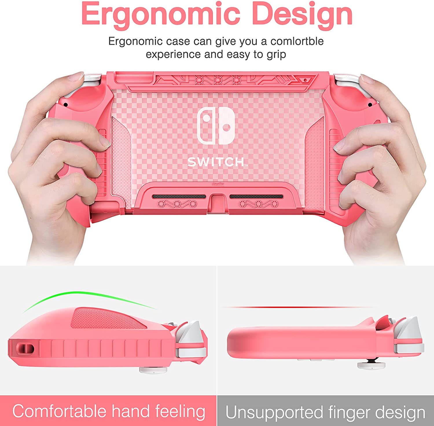 HEYSTOP Case Compatible with Nintendo Switch Lite, with Tempered Glass Screen Protector and 6 Thumb Grip, TPU Protective Cover for Switch Lite with Anti-Scratch/Anti-Dust (Pink)