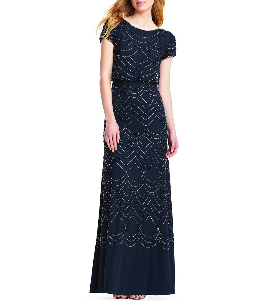 Adrianna Papell Beaded Short Sleeve Blouson Gown