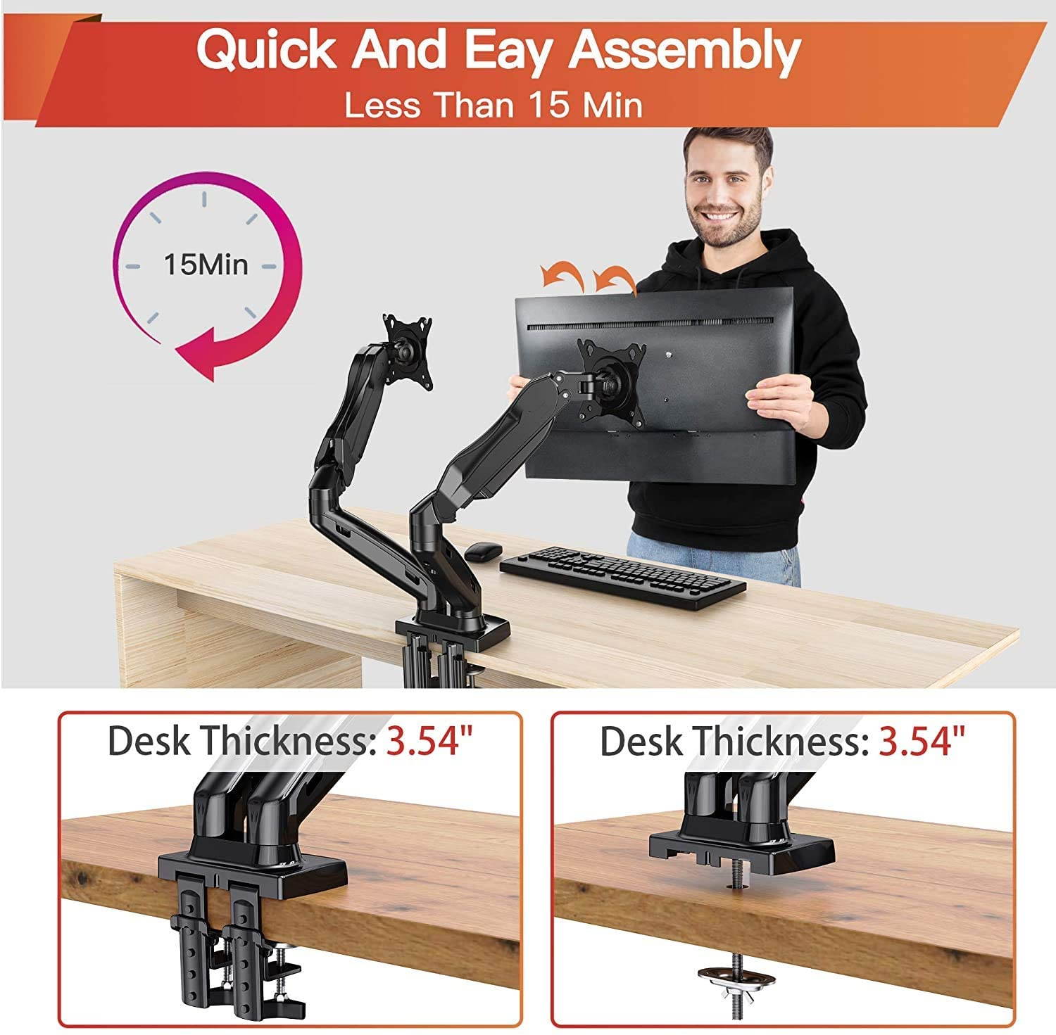 Dual Arm Monitor Desk Mount Stand, Adjustable Gas Spring, Swivel VESA Mount with C Clamp Grommet Mounting For Most 17-27 Inch Flat Curved Computer Screens up to 14.3lbs