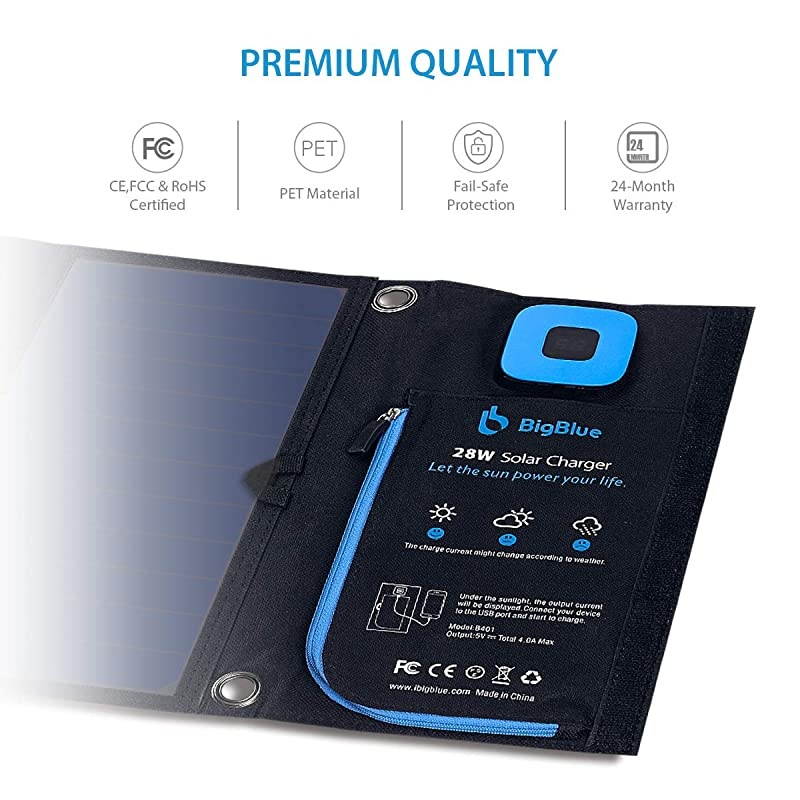 28W Solar Charger with Digital Ammeter 2USB5V4A Max Overall Portable Waterproof Solar Panels Phone Charger Compatible with iPhone 11XsXRX8 iPad Samsung Galaxy LG Google Pixel etc