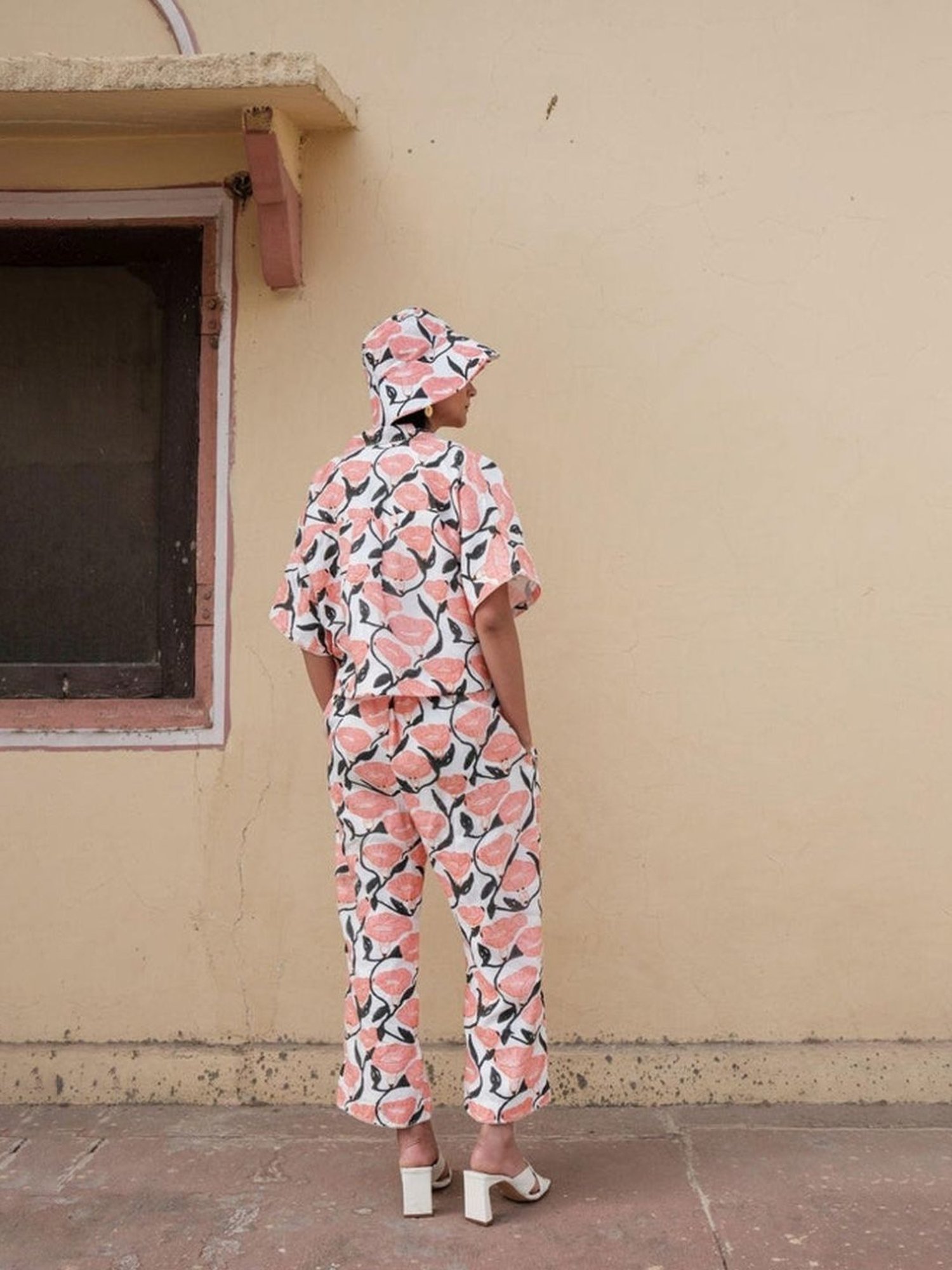 Khajoor Studio White & Pink Bageecha Outlined Florals Boxy Resort Shirt