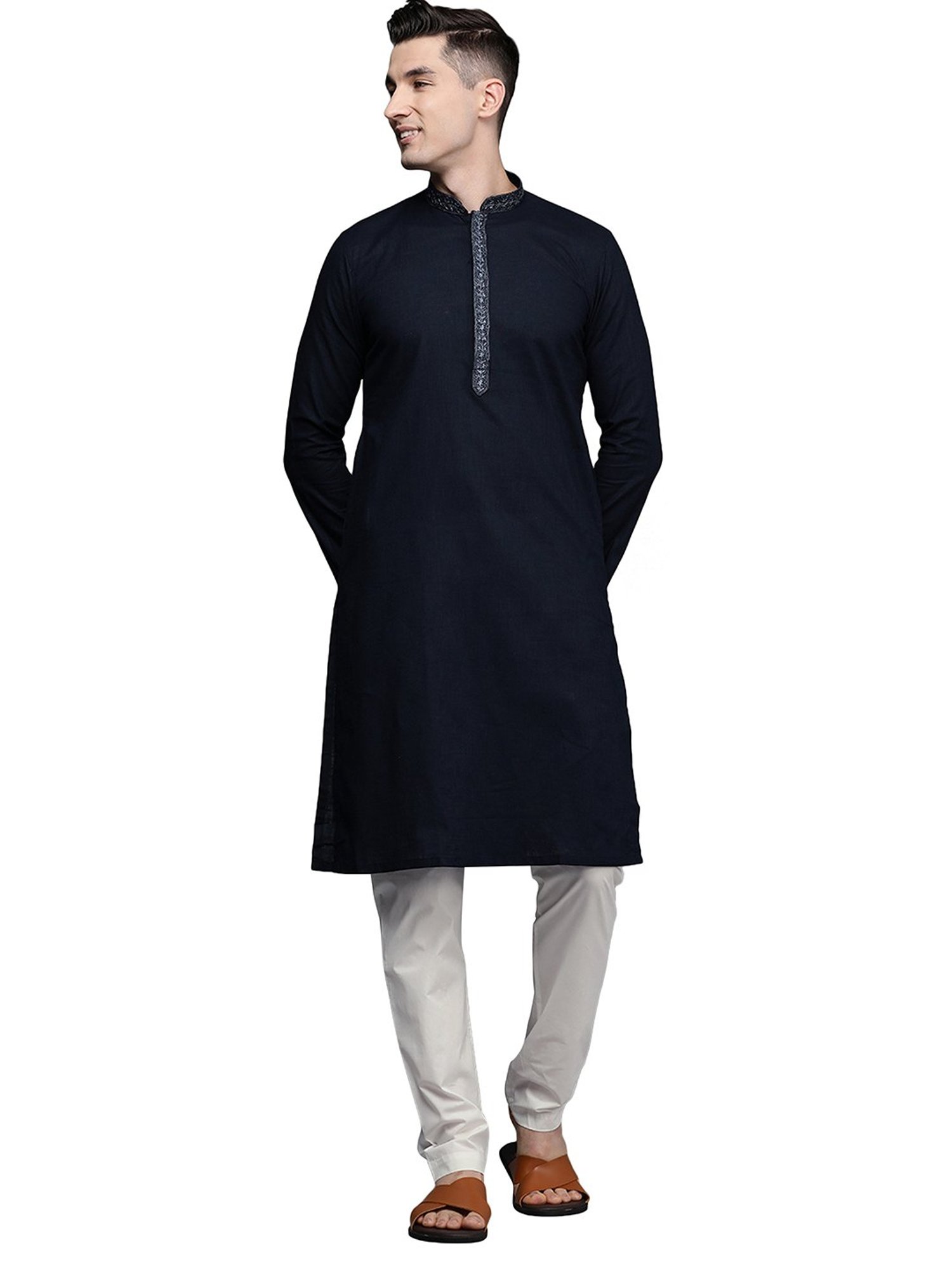 Manyavar Navy & White Self Design Kurta & Churidar Set